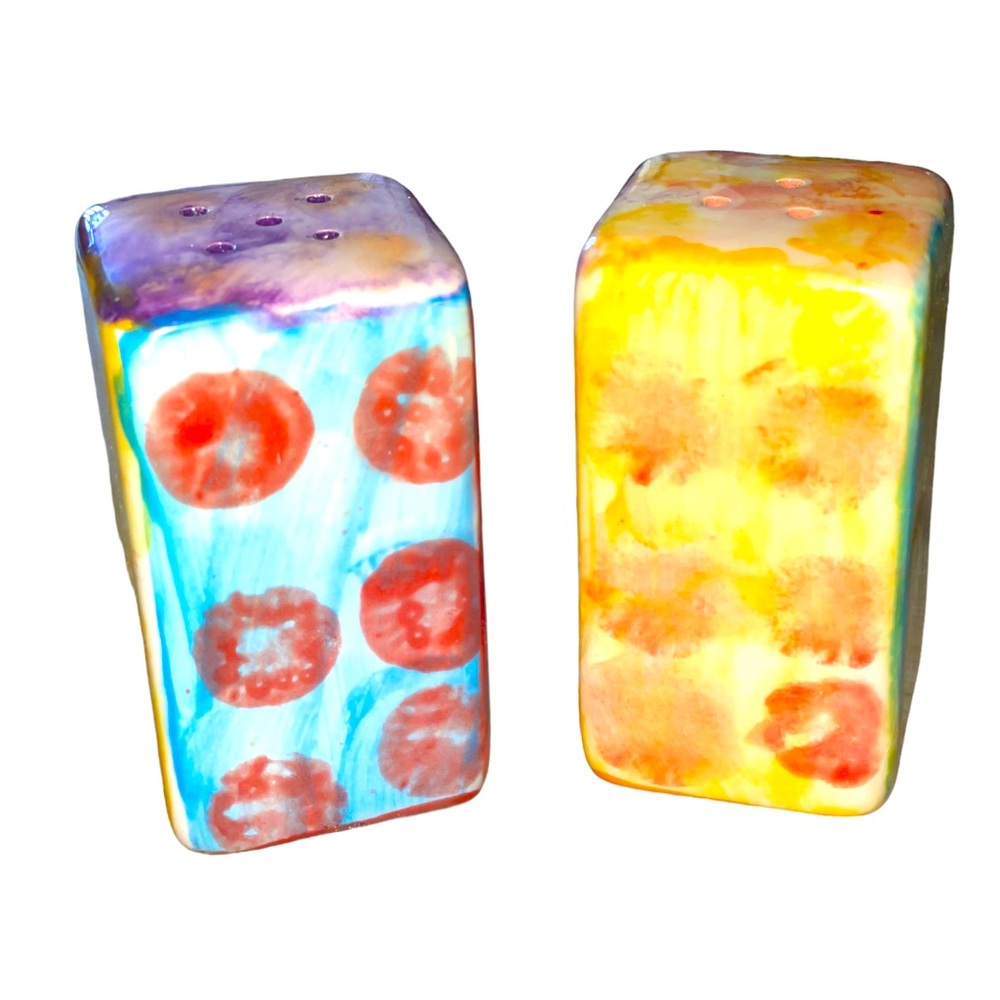 Damian Ford Multi Colored Pottery Salt & Pepper Shakers EUC‎